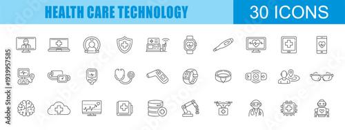 collection of health care technology icons, editable stroke.	