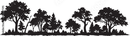 Black Forest Silhouette Panorama, Horizontal Tree Line Vector Style Illustration for Nature Background