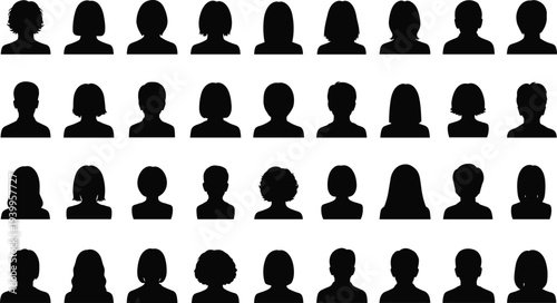 Silhouette vector illustration of thirty-five diverse human head and shoulder profiles, varied hairstyles, individuality concept, minimal design, demographic artwork