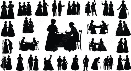 Silhouette vector illustration of Victorian-era women and men, social interactions, seated writing scene, historical attire, minimal design, vintage artwork