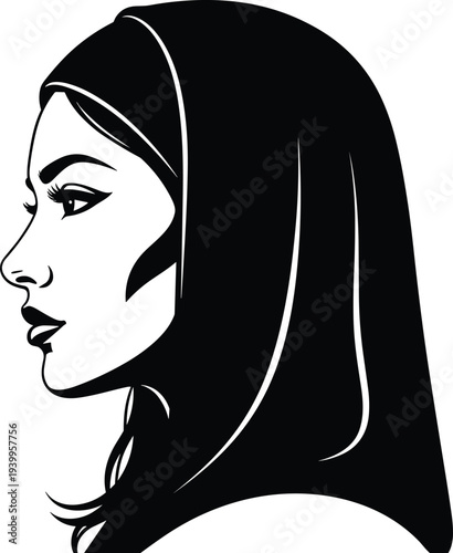 Silhouette vector illustration of woman in headscarf, side profile facing left, bold lines, cultural attire, minimal design, stylized artwork