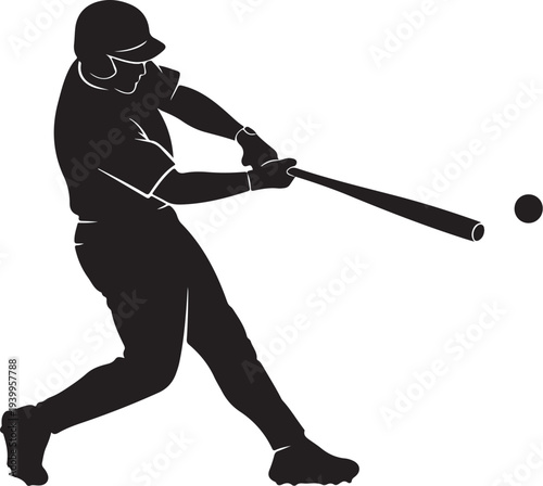 Baseball player swinging bat in action silhouette illustration