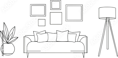 Flat vector modern living room sofa cushions lamp plant gallery wall