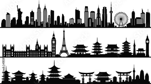 Silhouette vector illustration of three city skylines, New York, London, Paris, Asian landmarks, pagodas, global architecture, minimal design, urban artwork