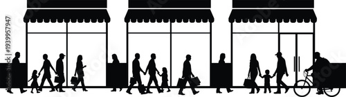 Silhouettes of busy street scene, storefronts with awnings, people walking, shopping, bicycle delivery, urban lifestyle illustration, city vector art design