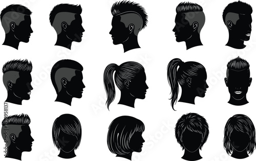 Silhouettes of diverse human head profiles with unique hairstyles, vector illustration of fashion, grooming, personal style and hair design concept