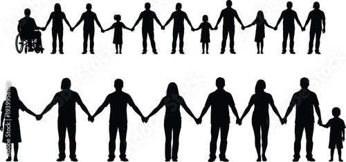 Silhouettes of diverse people holding hands, inclusivity with children, adults, wheelchair figure, unity, community support illustration vector design