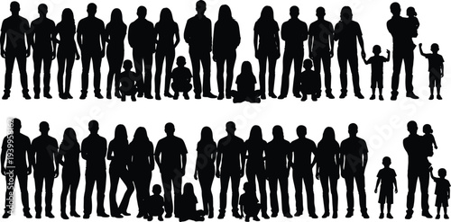 Silhouettes of diverse people groups, adults and children standing together, family and community representation illustration, human diversity vector art
