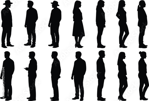 Silhouettes of diverse people profiles, men and women standing sideways, fashion styles, hats, hairstyles, clothing variety, human diversity illustration