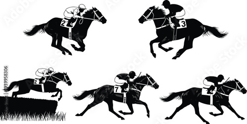 Silhouettes of jockeys riding horses in racing positions, vector illustration of gallop motion, steeplechase jump and competitive equestrian design