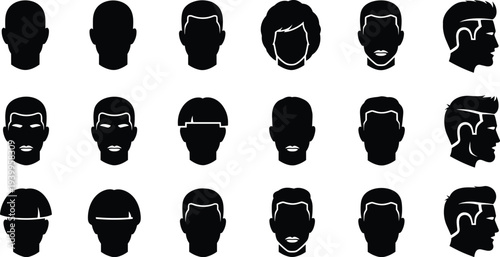 Silhouettes of male heads with diverse hairstyles, front and side profiles, haircut variations, fashion, avatar design, grooming illustration vector concept