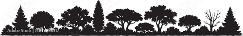 Black tree silhouettes forest panorama and garden shrubs border on white background