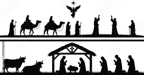 Silhouettes of Nativity scene, Wise Men journey, star guiding, angel, manger with baby Jesus, Mary, Joseph, animals, Christmas illustration vector art