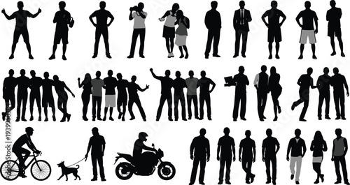 Silhouettes of people in diverse activities, vector illustration of walking, cycling, business, casual lifestyle and human interaction design concept