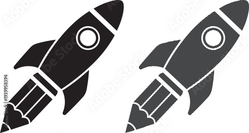 Two stylized rockets in contrasting black and white patterns