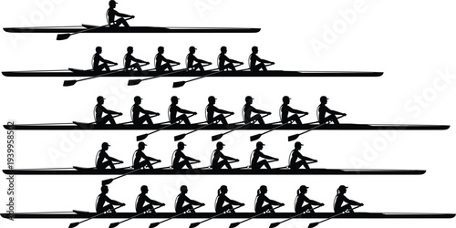 Silhouettes of rowing boats with synchronized rowers, progressive sequence, athletic teamwork, water sport illustration, fitness concept, vector design