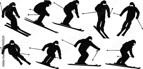 Silhouettes of skiers in dynamic motion, downhill skiing, turning, jumping, winter sports illustration, athletic technique, snow activity vector design