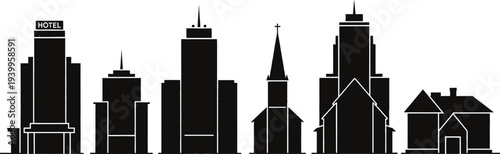 City skyline with various buildings and a church