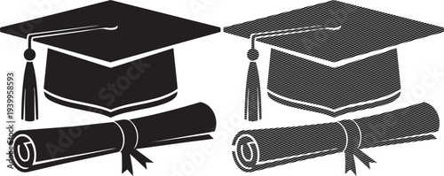 Two graduation caps and diplomas displayed side by side in black and white