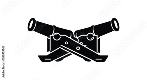 Two crossed cannons with swords beneath a dramatic historical emblem in black silhouette high quality professional