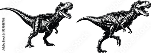 Tyrannosaurus rex dinosaur silhouette illustrations side profile with open mouth, prehistoric predator vector design showing anatomy, posture, claws, teeth detail