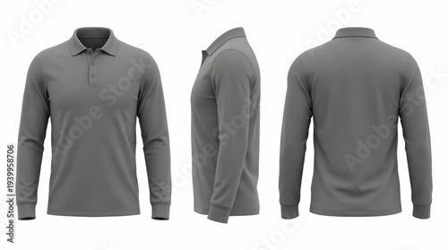 Gray long-sleeved polo shirt isolated on a white background, front, side, and back view.