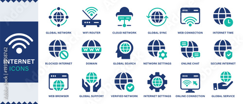 Internet icon set. Containing website, link, data, web, online, domain, technology, modem, VPN, hosting, connection and more. Solid vector icons collection.