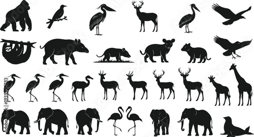 Wildlife animal silhouette vector illustration collection, diverse species including gorilla birds deer elephants giraffe seal, bold nature artwork design
