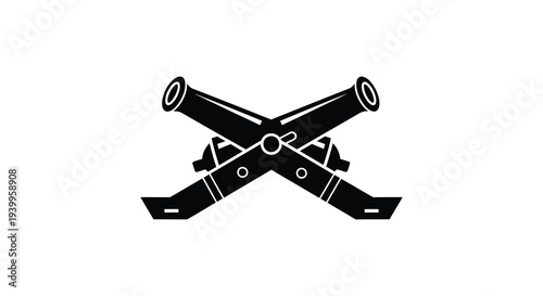 Two crossed cannons depicted in a stark black outline forming a historical emblem silhouette high quality