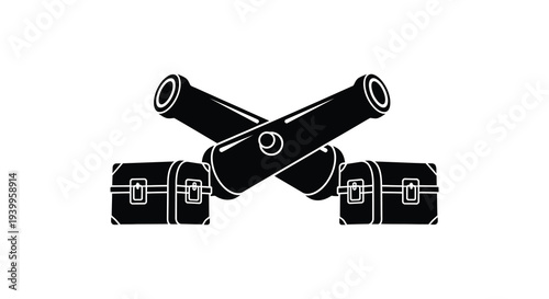 A striking black silhouette depicts crossed vintage suitcases and spyglasses evoking travel and adventure silhouette