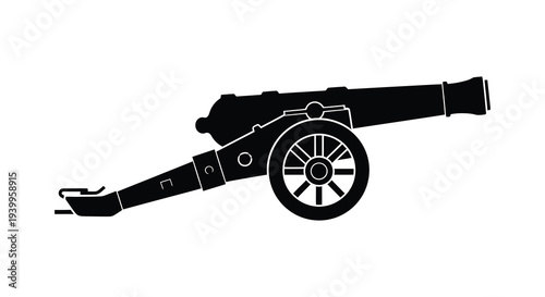 A striking black silhouette depicts a historic cannon showcasing military technology and power silhouette high quality