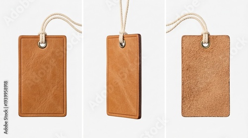 Three views of a blank leather tag with a string for design and branding.