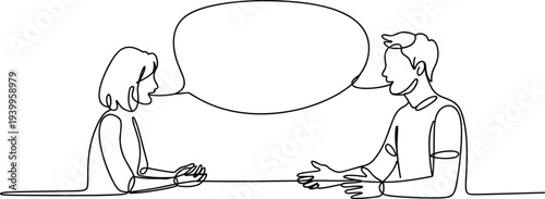 Minimalist dialogue vector illustration, flat design continuous line drawing communication scene