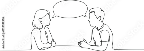 Minimalist conversation vector illustration, flat design continuous line drawing dialogue scene