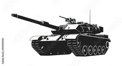 A striking black silhouette of a modern main battle tank powerfully conveying military strength silhouette