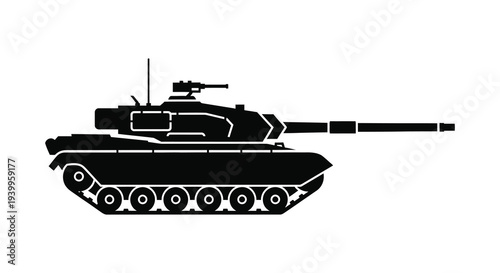 A stark black silhouette of a modern military tank showcasing its powerful weaponry silhouette high quality