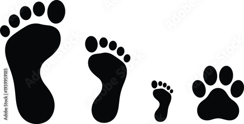 Black silhouette set of human footprints in various sizes from adult to child along with a domestic animal paw print isolated on white background