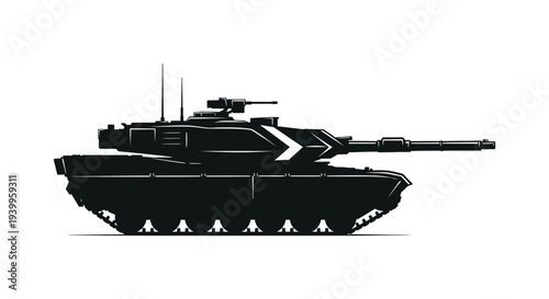 A striking black silhouette of a modern main battle tank displaying powerful weaponry and design silhouette