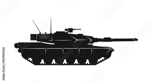 A stark black silhouette of a modern battle tank showcasing military power and design silhouette