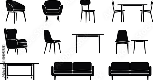 Black Silhouette Set of Modern Furniture Icons Featuring Minimalist Armchairs Dining Tables Chairs and Sofas for Interior Design Home Decor and Architectural Room Planning