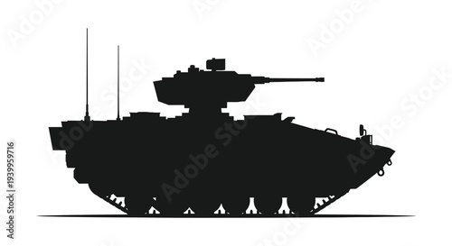 A stark black silhouette of a military tank with a prominent turret and tracked vehicle form silhouette