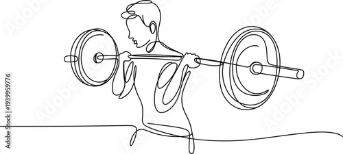 Minimalist fitness vector illustration, flat design continuous line drawing weightlifting exercise