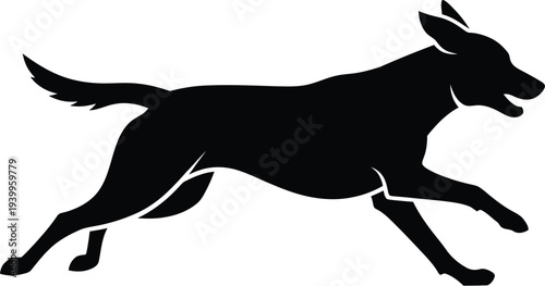 Running dog silhouette isolated on transparent background, black shape of domestic animal movement