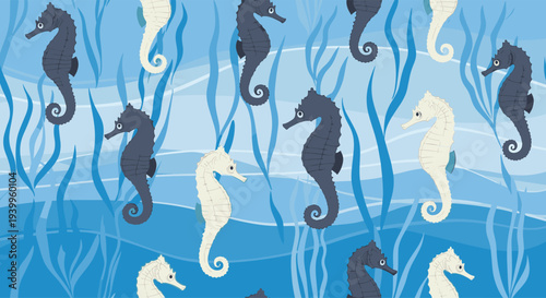 Nautical seamless pattern with dark and light seahorses swimming among blue seaweed and ocean waves for maritime and aquatic themed projects.