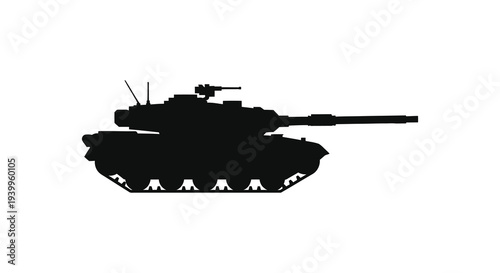 A stark black silhouette of a modern battle tank showcasing military power and design silhouette