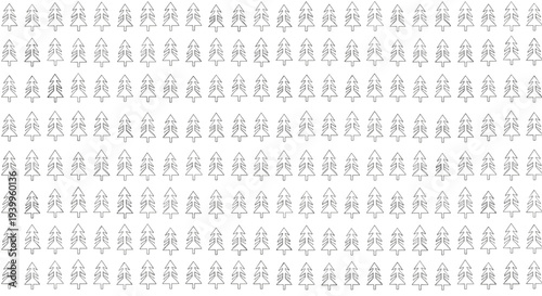 Simple black and white pattern showing rows of identical stylized evergreen trees for winter forest and nature inspired graphic design backgrounds.
