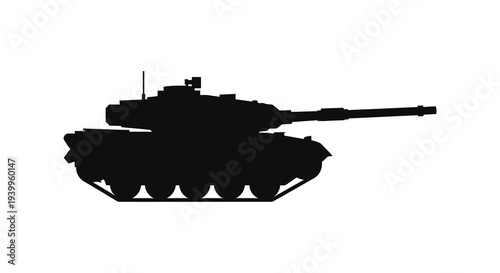A striking black silhouette of a modern battle tank against a plain white background silhouette