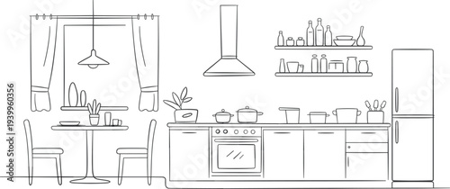 Flat vector illustration of modern kitchen interior with dining table, shelves