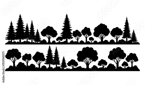 Layered forest silhouette vector with mixed trees woodland landscape isolated on white background