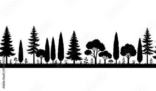 Panoramic forest silhouette border with mixed woodland trees vector isolated on white background